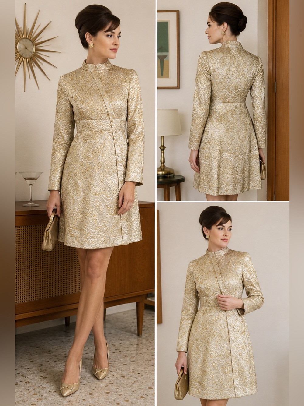 Vintage Suzy Perette Coat-Dress Gold Brocade Glam Cocktail Party Mid Century 60s